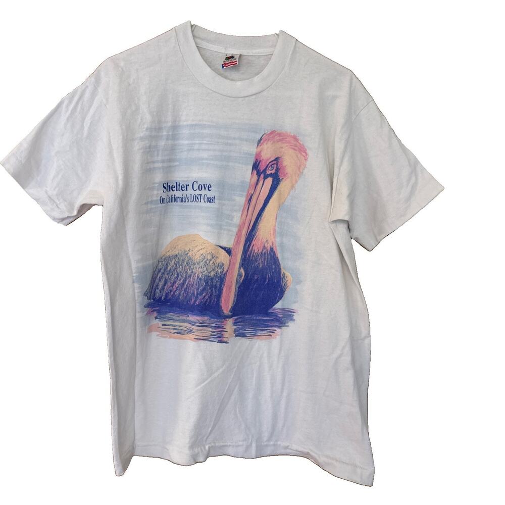 Shelter Cove California Pelican White T-shirt Tee Men's Size L Single Stitch